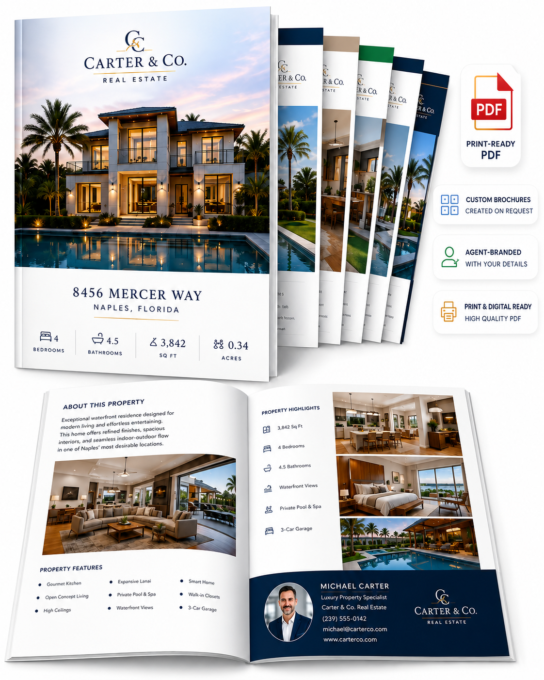 Luxury real estate property brochure collection with branded cover designs, print-ready PDF presentation, and an open brochure spread