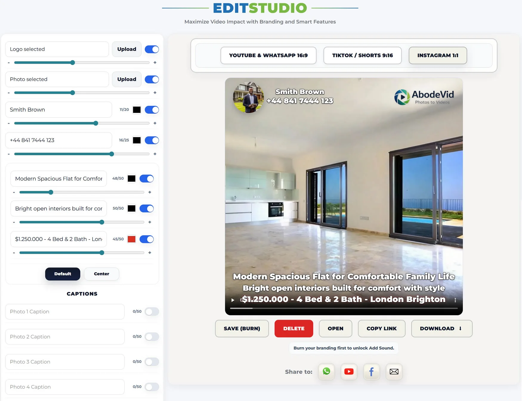 AbodeVid edit studio in Instagram square format