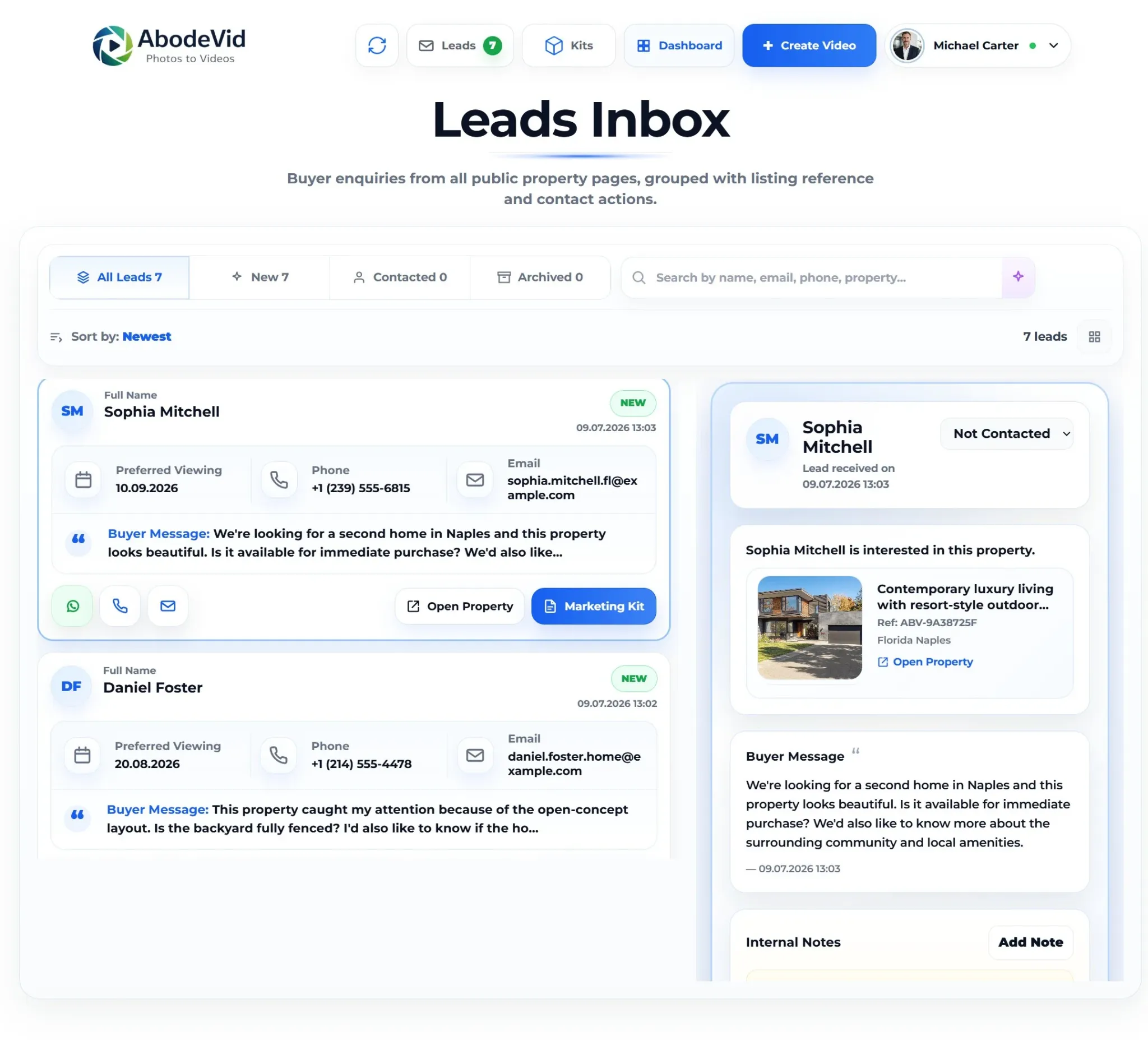 Leads Inbox showing buyer enquiries grouped with property references and contact actions