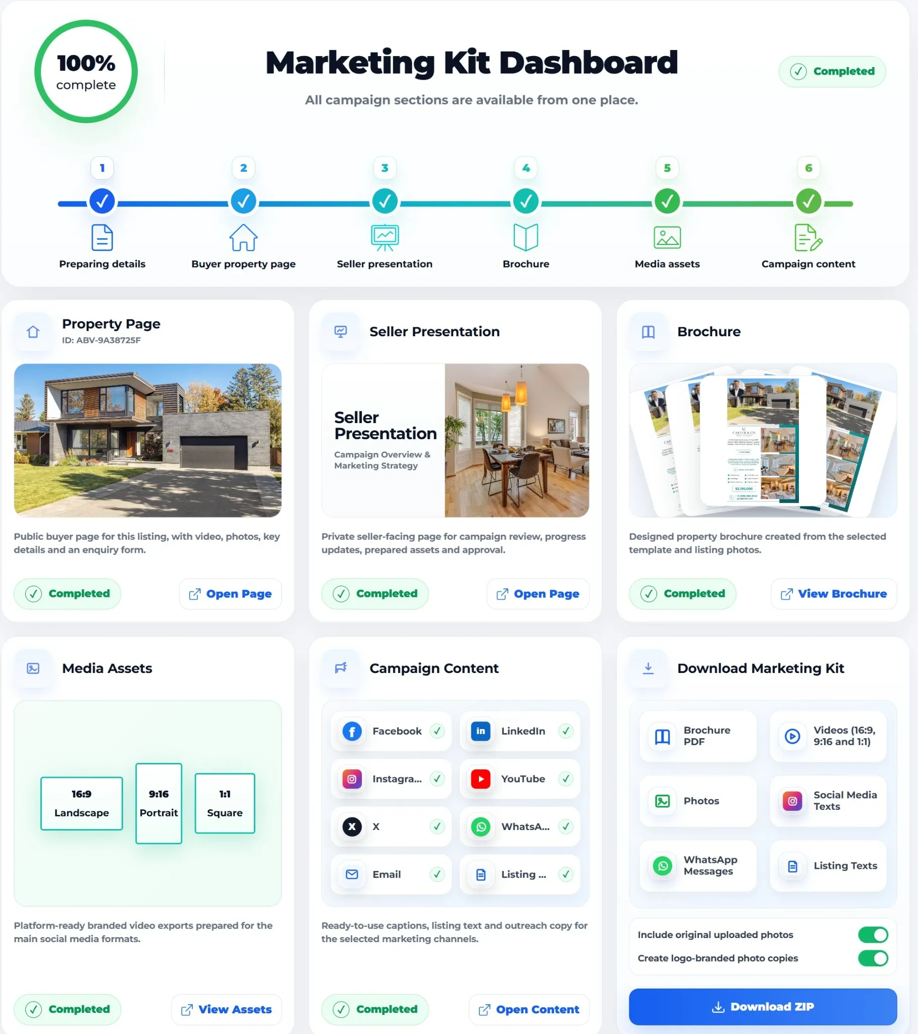AbodeVid Marketing Kit dashboard showing connected property page, seller presentation, brochure, media assets, campaign content and downloadable marketing assets