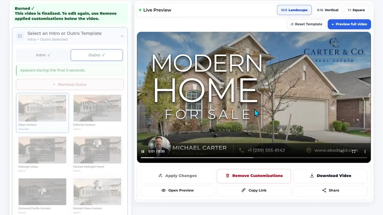 AbodeVid editor after applying the selected template, showing the title treatment over the property video