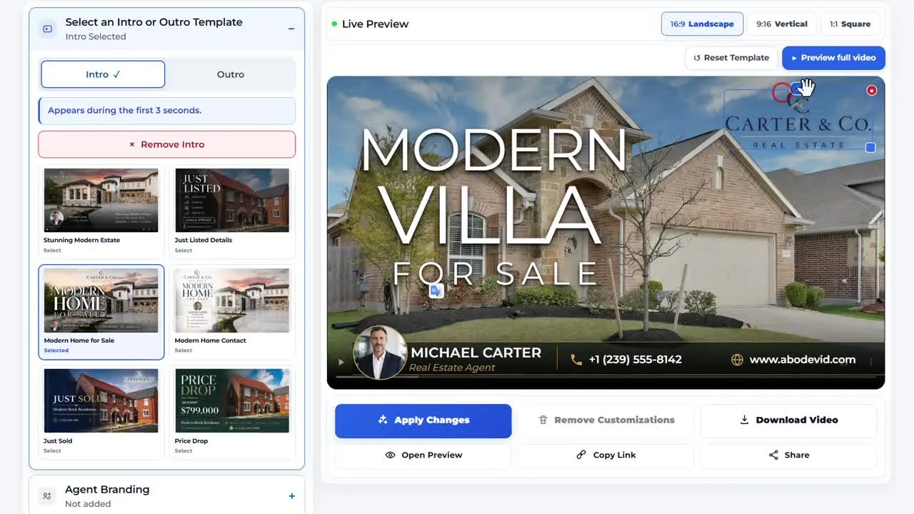 AbodeVid editor showing a selected intro or outro template in the live preview