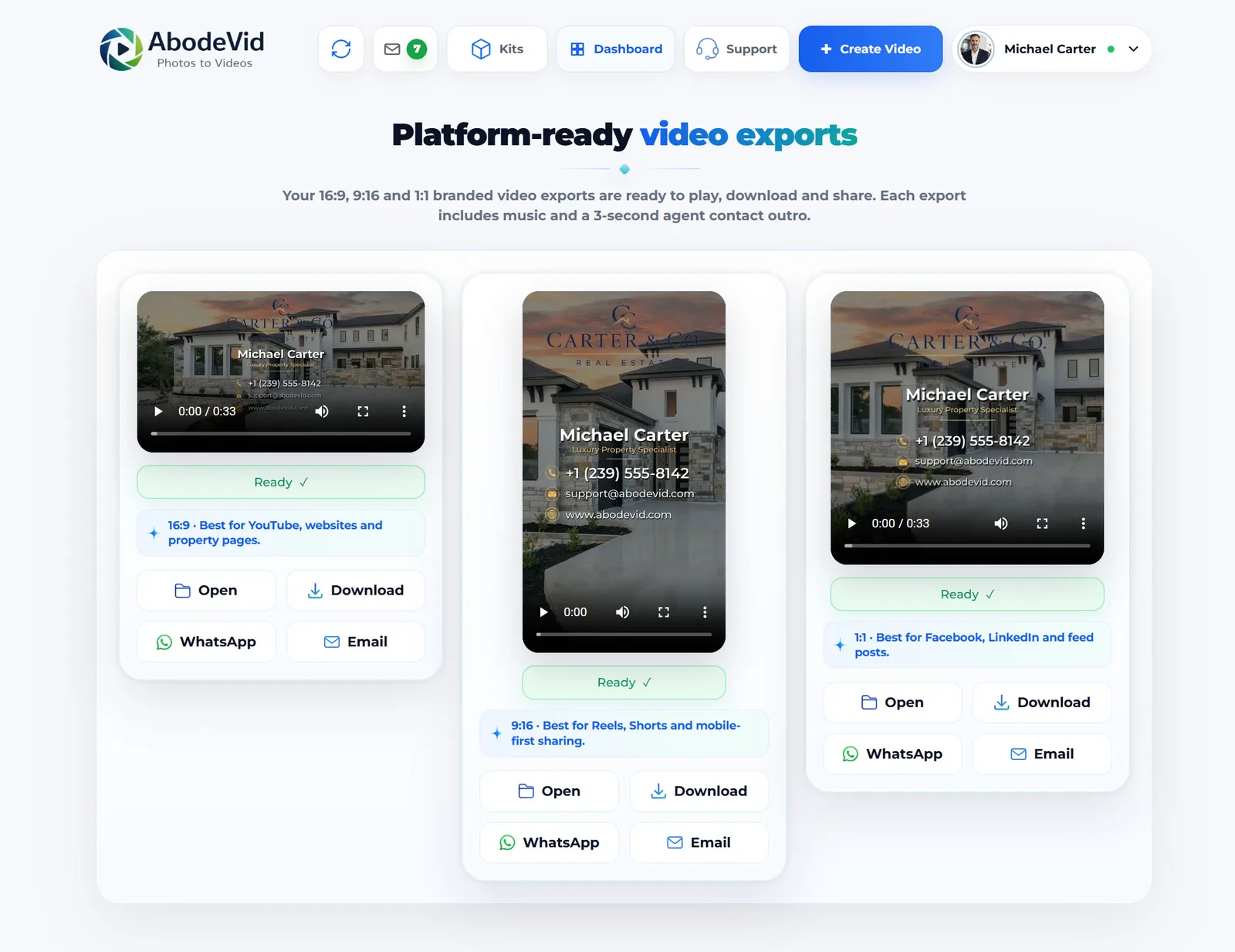 AbodeVid Media Assets screen showing platform-ready 16:9, 9:16 and 1:1 video exports