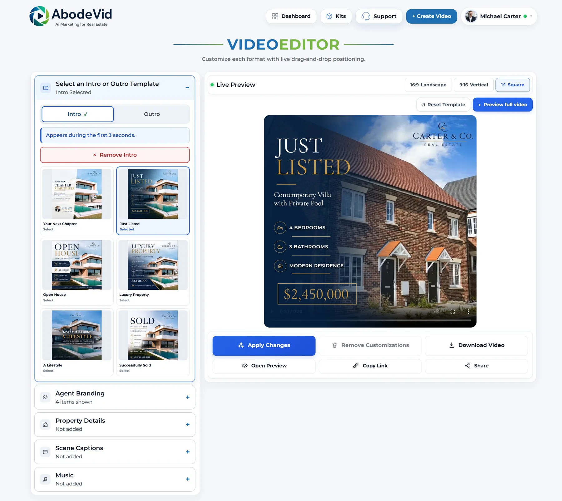 AbodeVid square 1:1 video editing screen
