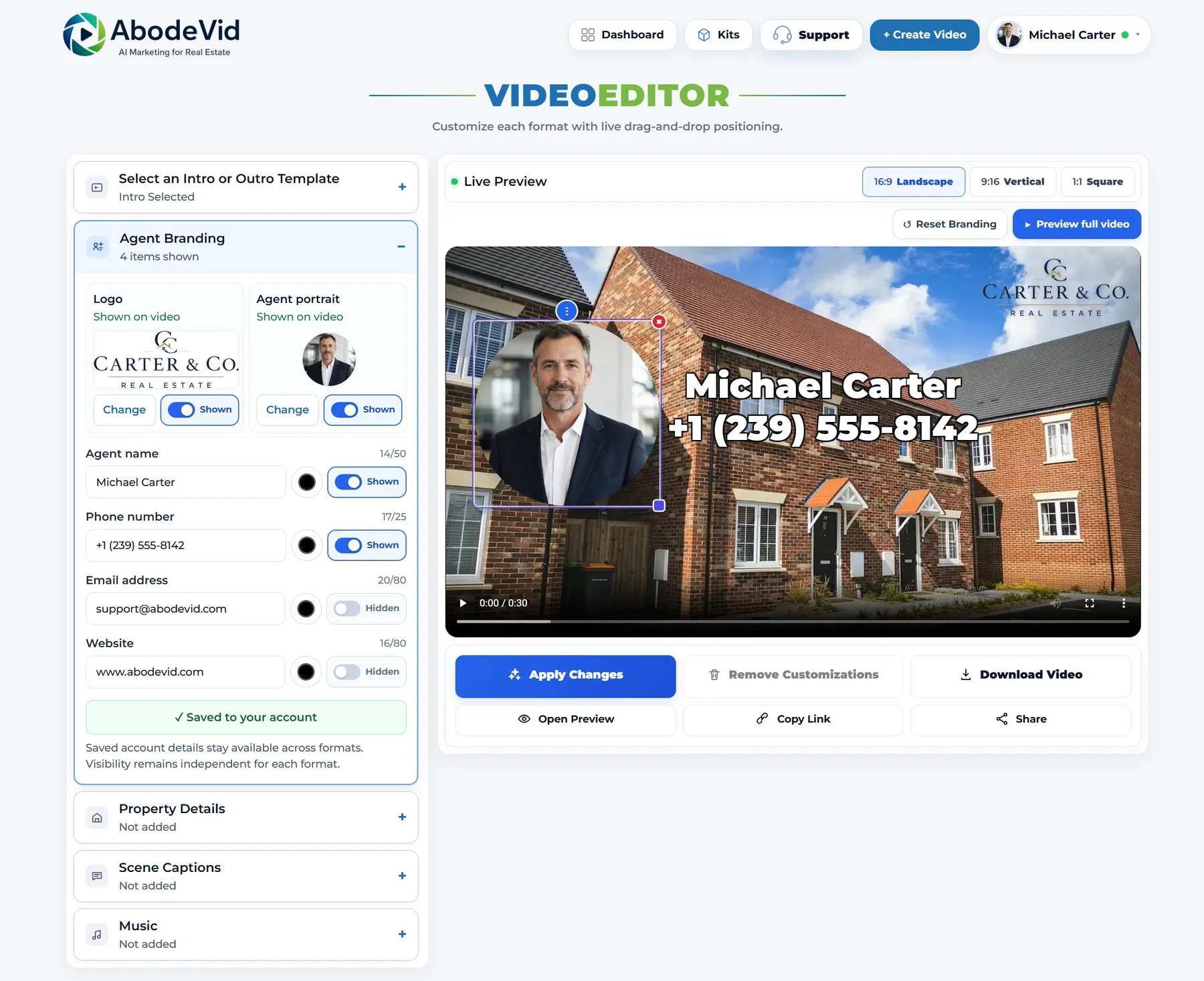 AbodeVid 16:9 editor with a selected agent overlay enlarged and repositioned over the property video