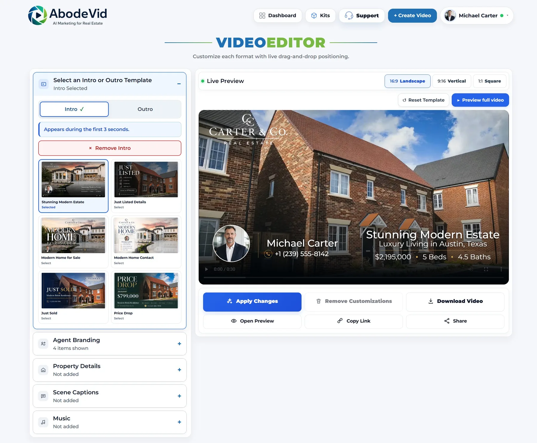 AbodeVid desktop editor showing the 16:9 property video, three format tabs and editing controls
