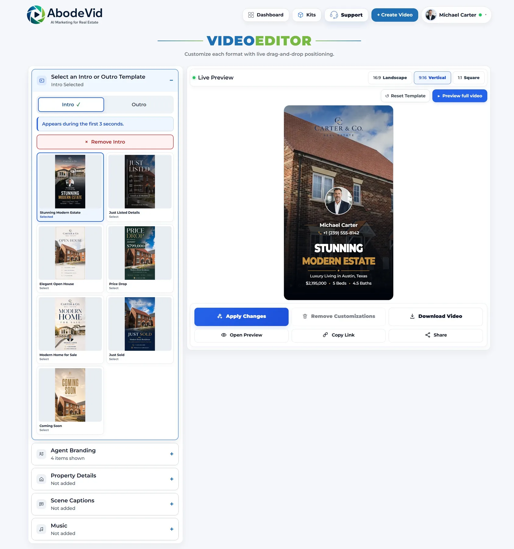 AbodeVid vertical 9:16 video editing screen