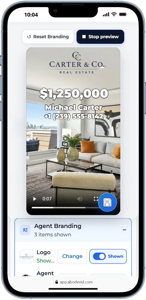 AbodeVid mobile 9:16 property-video editing screen
