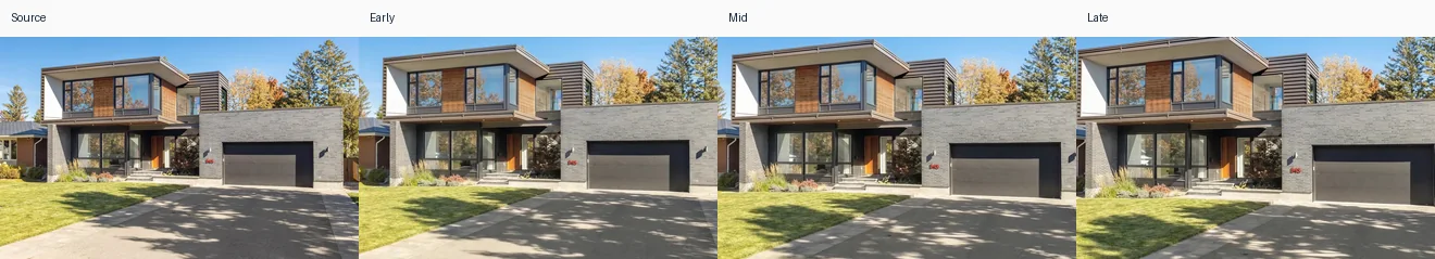 Scene 01 · Exterior: source image followed by early, middle and late frames from the generated AbodeVid scene