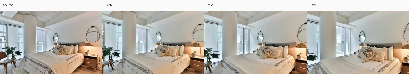 Scene 03 · Bedroom with glazing: source image followed by early, middle and late frames from the generated AbodeVid scene