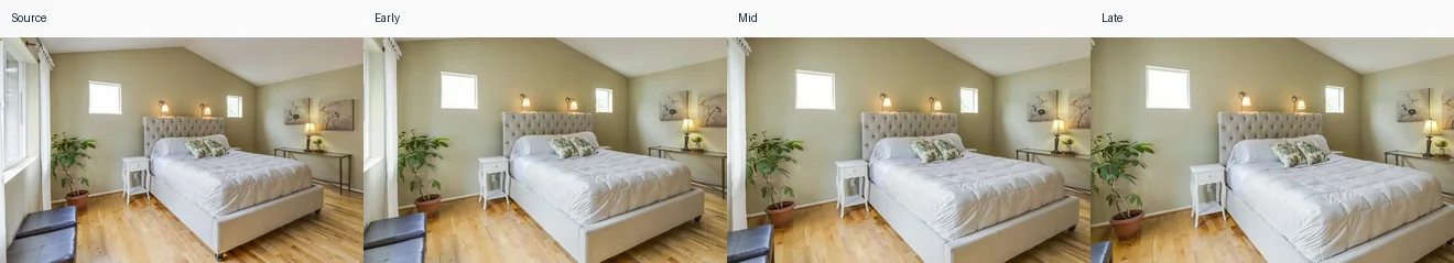 Scene 05 · Second bedroom: source image followed by early, middle and late frames from the generated AbodeVid scene