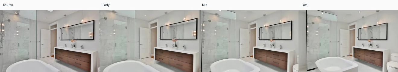 Scene 06 · Bathroom: source image followed by early, middle and late frames from the generated AbodeVid scene