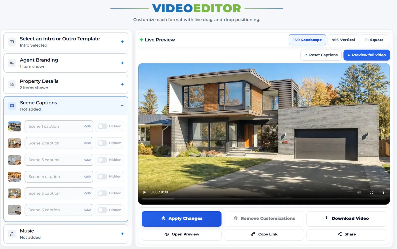 AbodeVid Scene Captions panel showing six scene thumbnails, caption fields and visibility controls