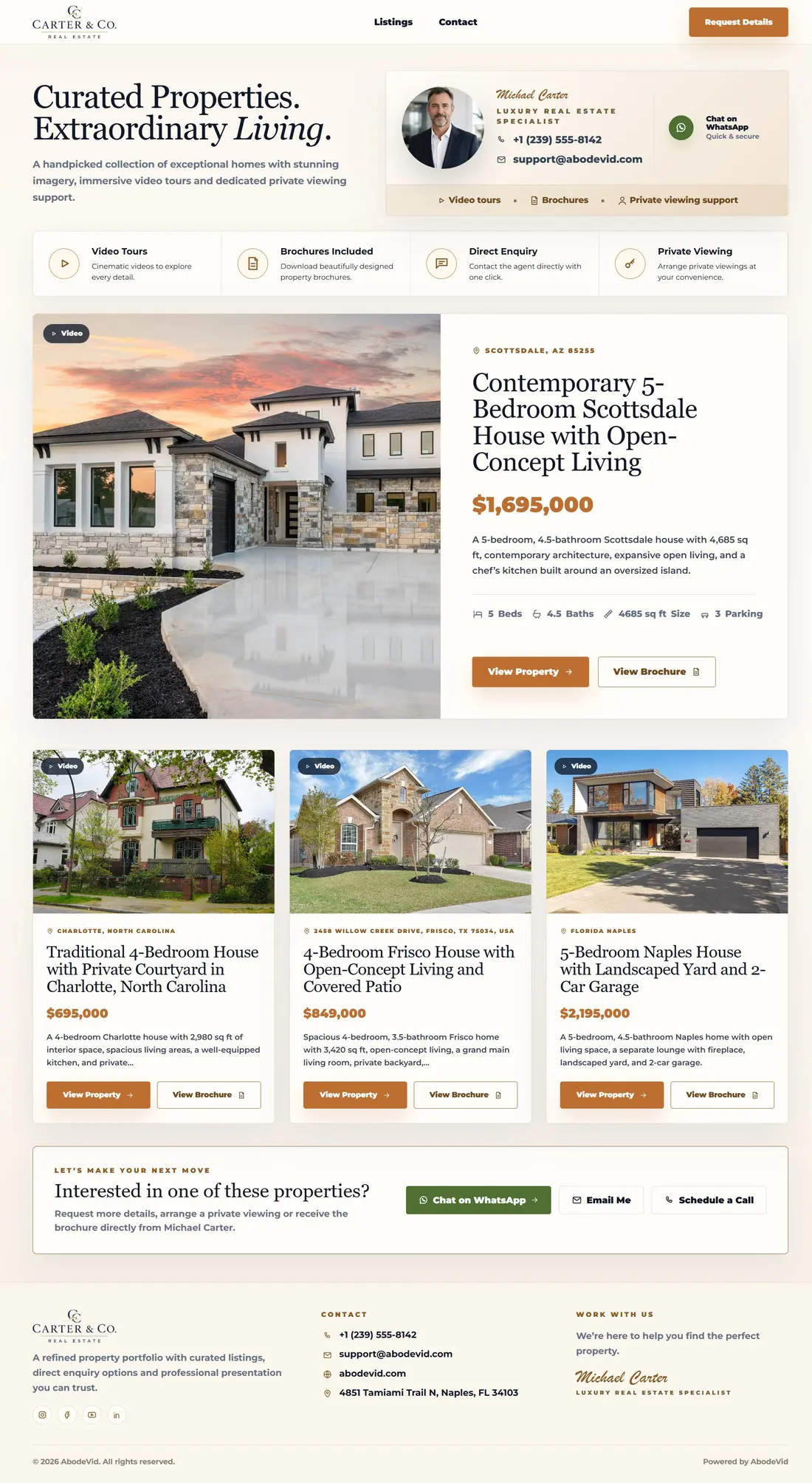 Agent listing page showing multiple properties and branded contact actions