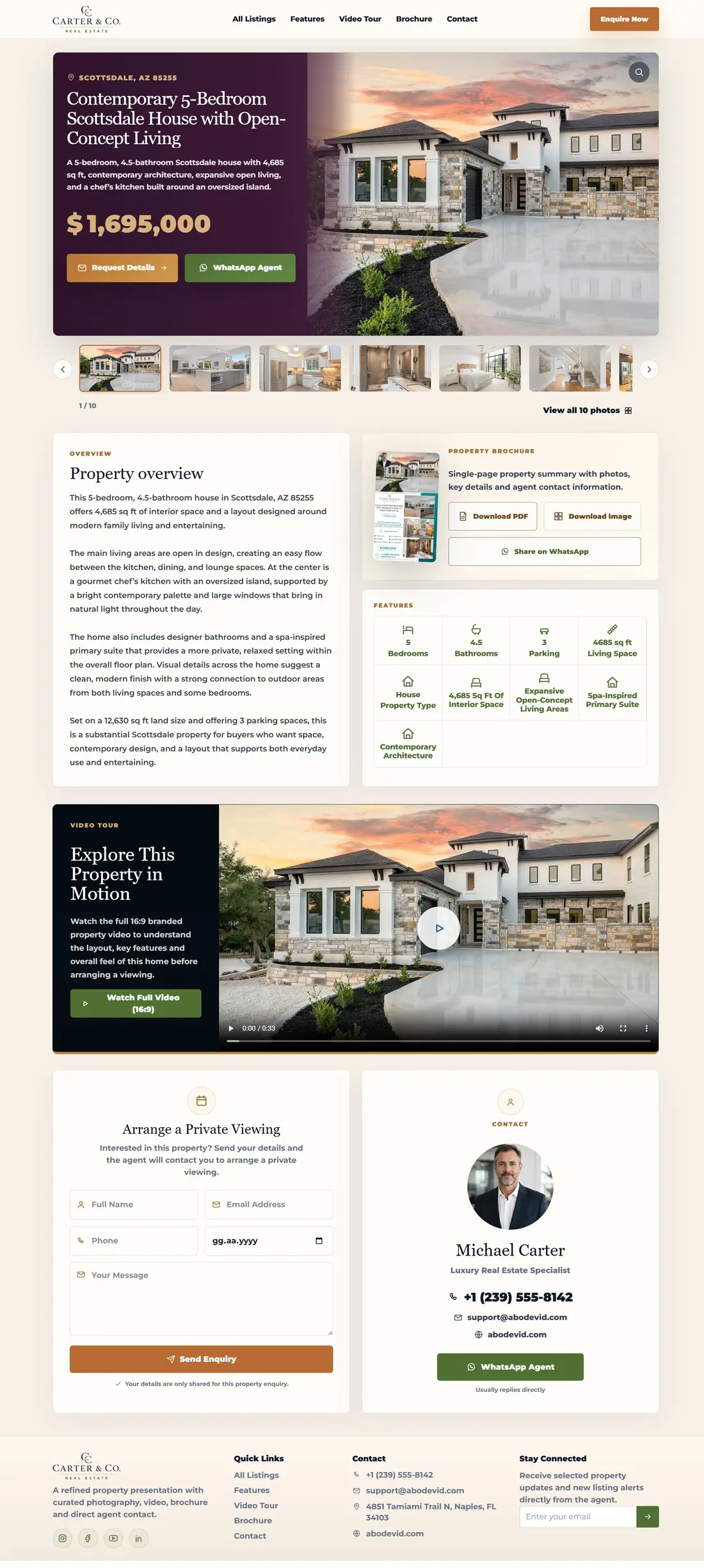 Long-form buyer property page with listing media, details, brochure and agent contact options