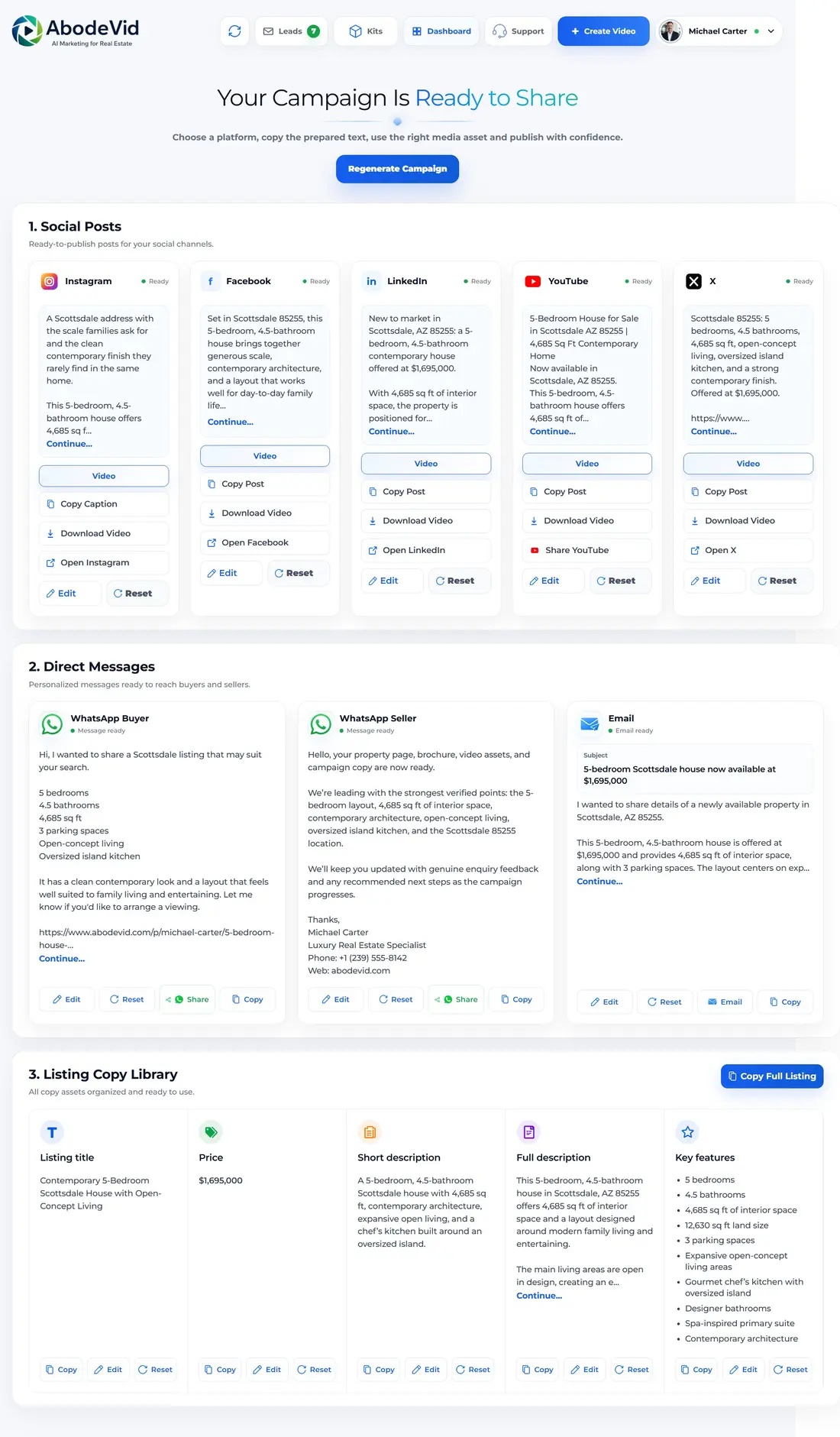 Campaign Content dashboard with social posts, messages, email and reusable listing copy