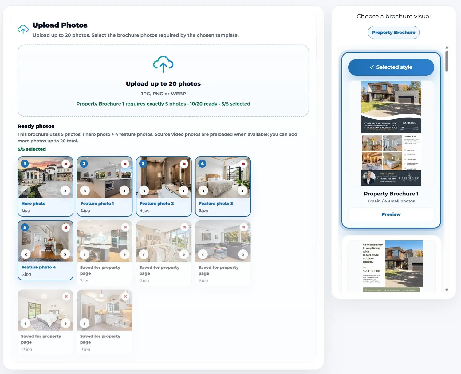 AbodeVid Create Marketing Kit workflow with listing photos, property details and a mobile property-page preview