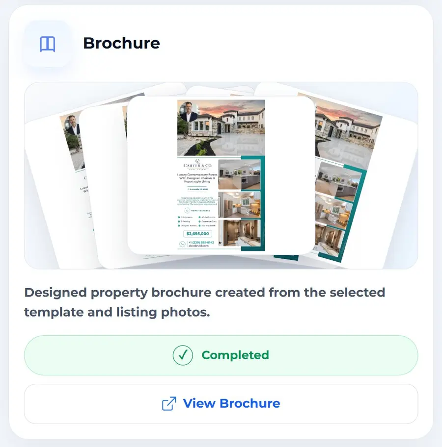 Property brochure example inside the AbodeVid real estate listing Marketing Kit