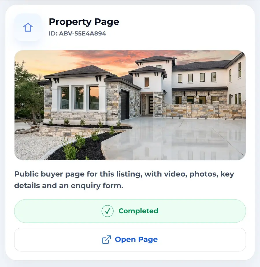 Buyer property page example inside the AbodeVid real estate listing Marketing Kit