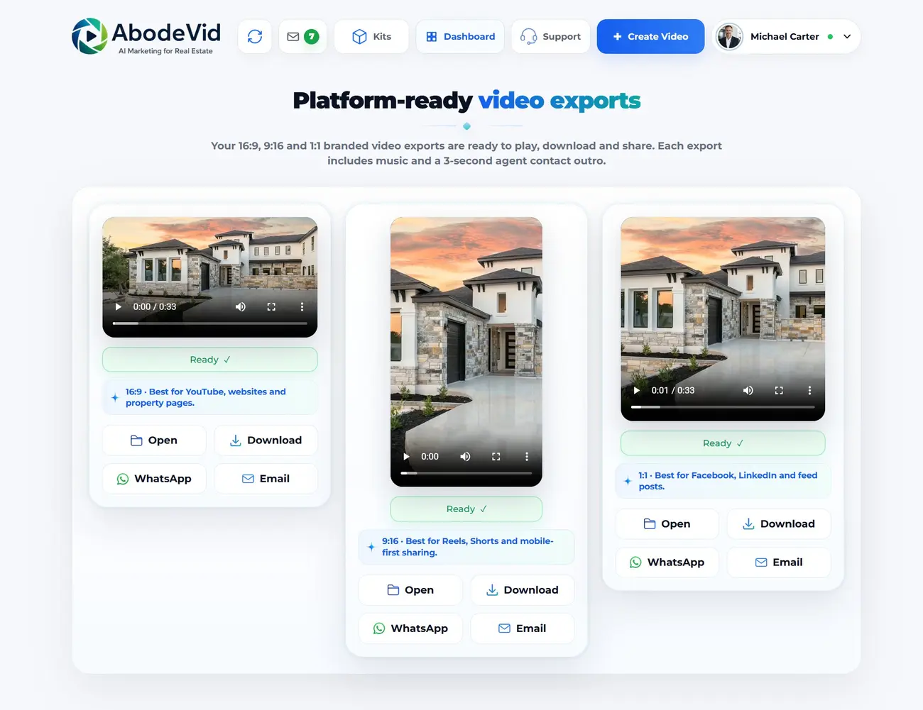 AbodeVid branded property video exports in landscape, vertical and square formats