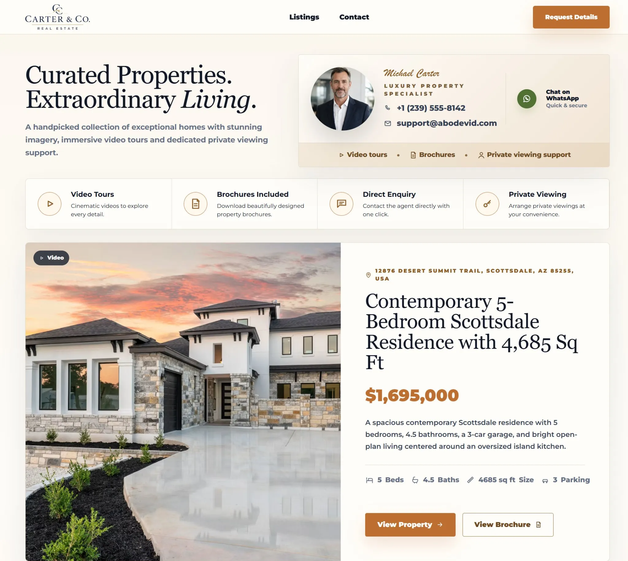 All Listings page showing Michael Carter's real estate listings, contact details and property campaign links