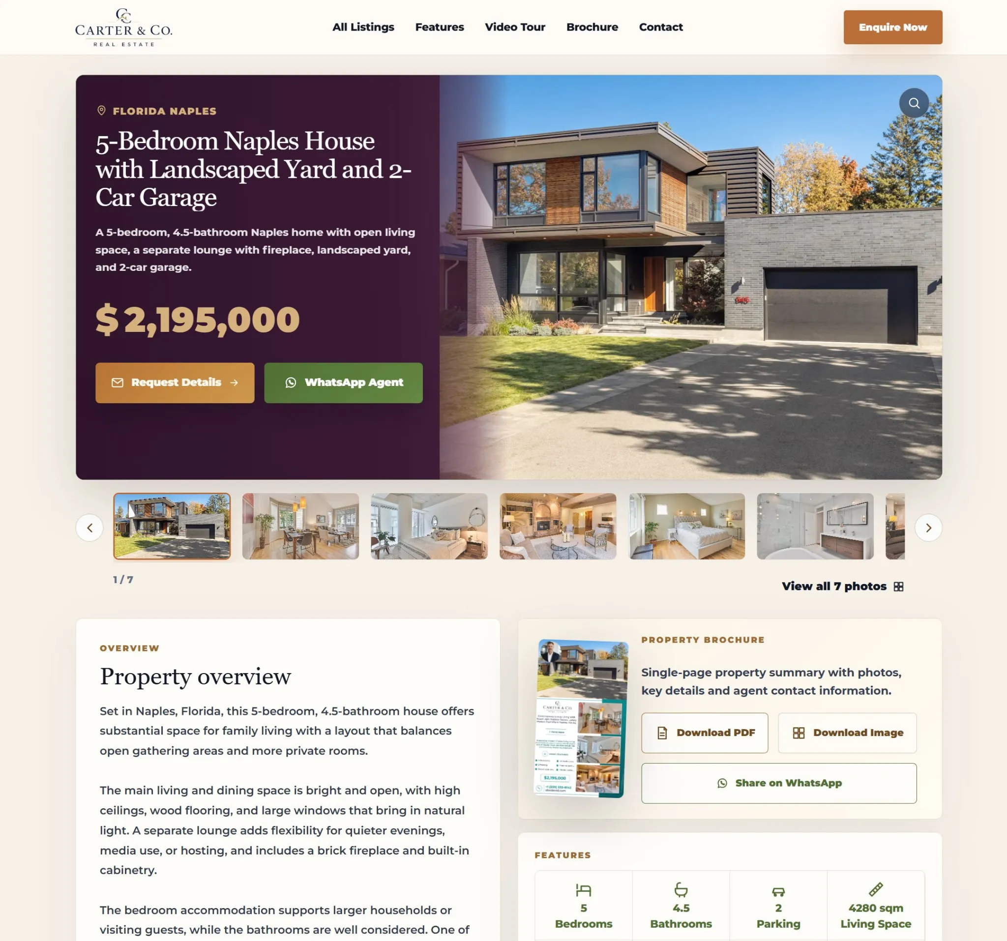 Property Page showing a live real estate listing with gallery, property details, brochure, video and enquiry tools