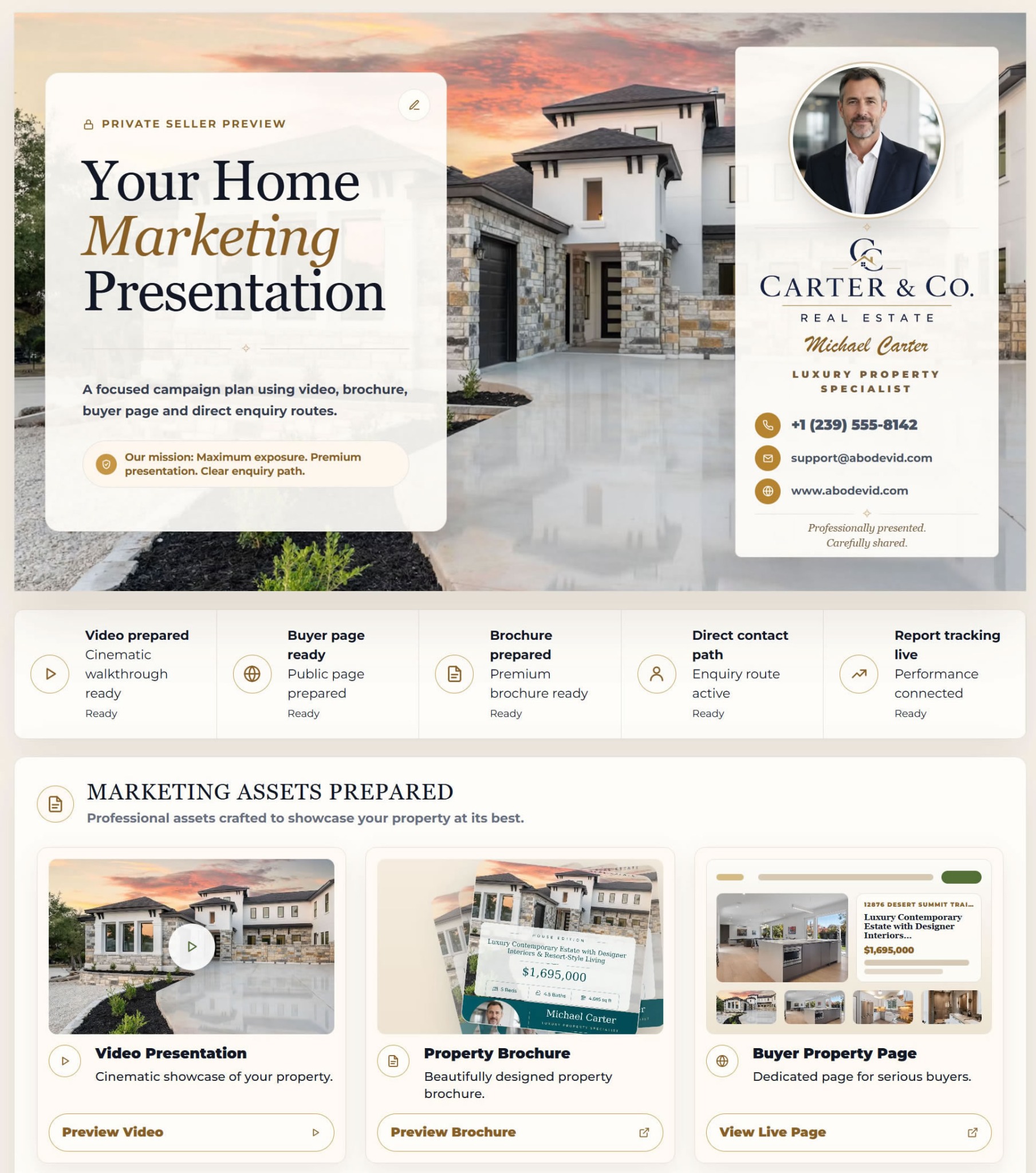 Seller report preview showing live campaign progress, assets and seller link tools