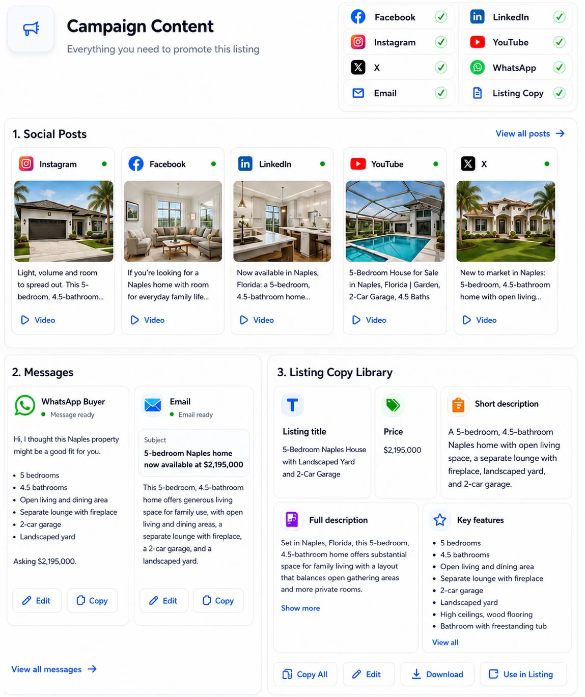 AbodeVid Campaign Content dashboard showing social posts, WhatsApp and email messages, and a reusable listing copy library